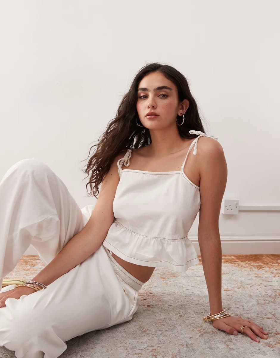 ASOS  Reclaimed Vintage soft denim twill tie strap peplum top co-ord in ecru 