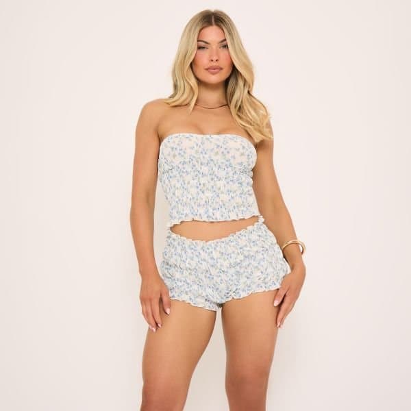 EGO Bandeau Top In Blue Ditsy Print Shirred, Women's Size UK 10