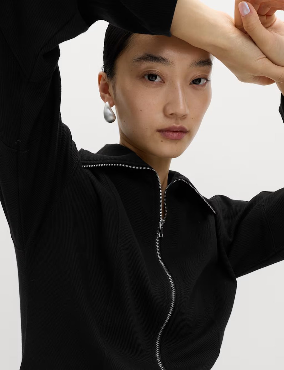 Marks & Spencer M&S Cotton Rich Waisted Zip Through Sweatshirt Black - 2