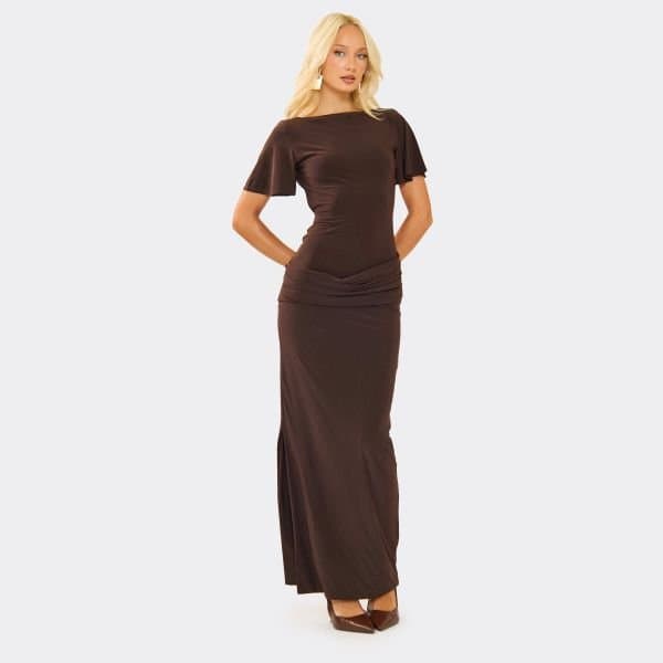 EGO EGO Draped Open Back Dress in Chocolate Brown