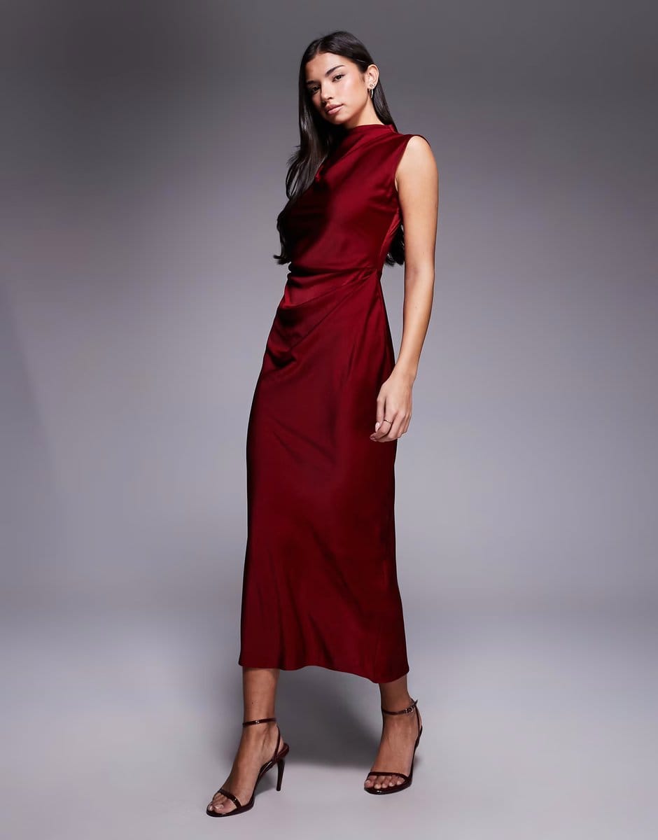 ASOS ASOS DESIGN satin high neck pleated bodice midi dress in burgundy - 1