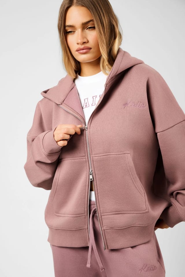Kaiia Kaiia Script Logo Double Ended Zip Through Oversized Hoodie Rosewood - 3