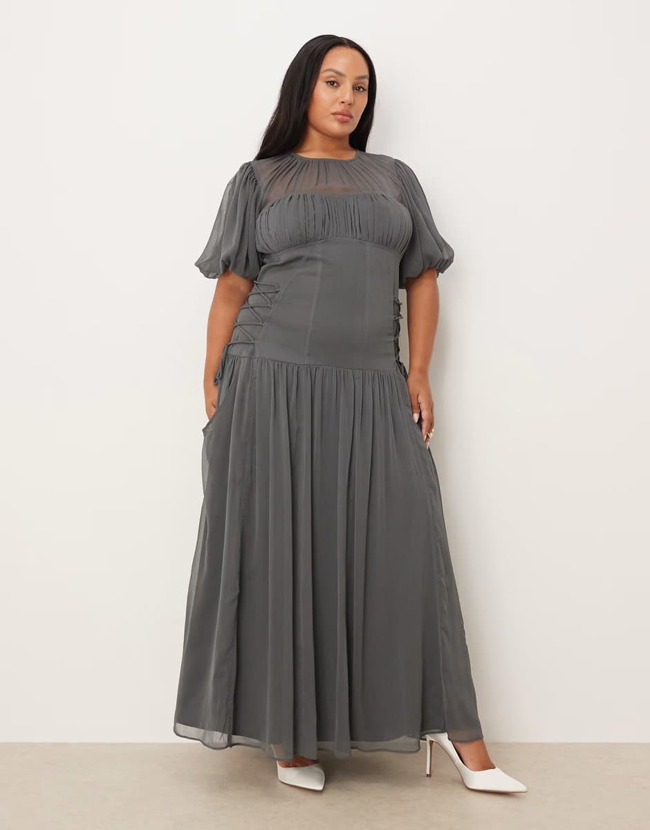 ASOS ASOS DESIGN Curve puff sleeve chiffon maxi dress in charcoal grey