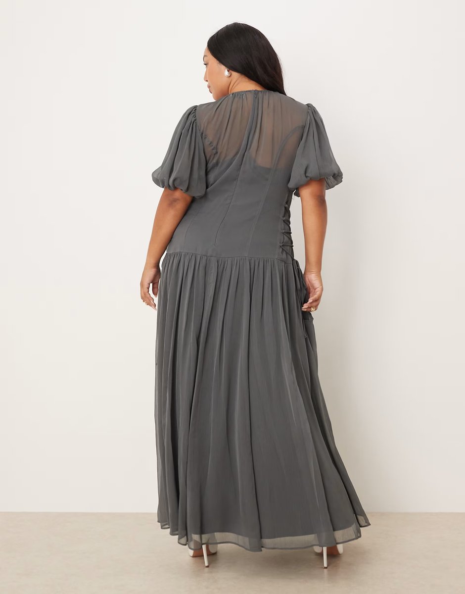 ASOS ASOS DESIGN Curve puff sleeve chiffon maxi dress in charcoal grey - 4