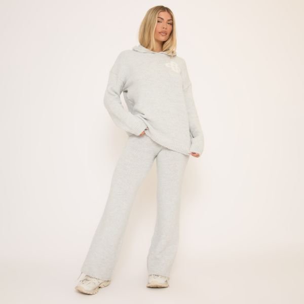 EGO High Waist Wide Leg Trousers In Grey Premium Knit, Women's Size UK Large L - 1