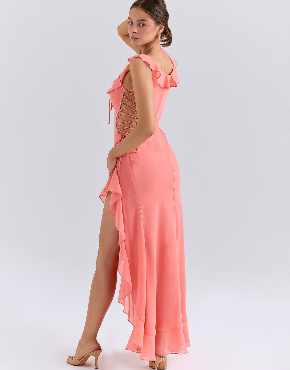 ASOS House of CB Aloura coral georgette ruffle maxi dress in coral - 2