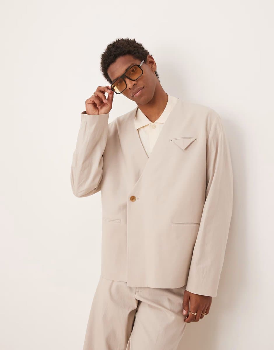 ASOS ASOS DESIGN collarless boxy suit jacket with linen in stone