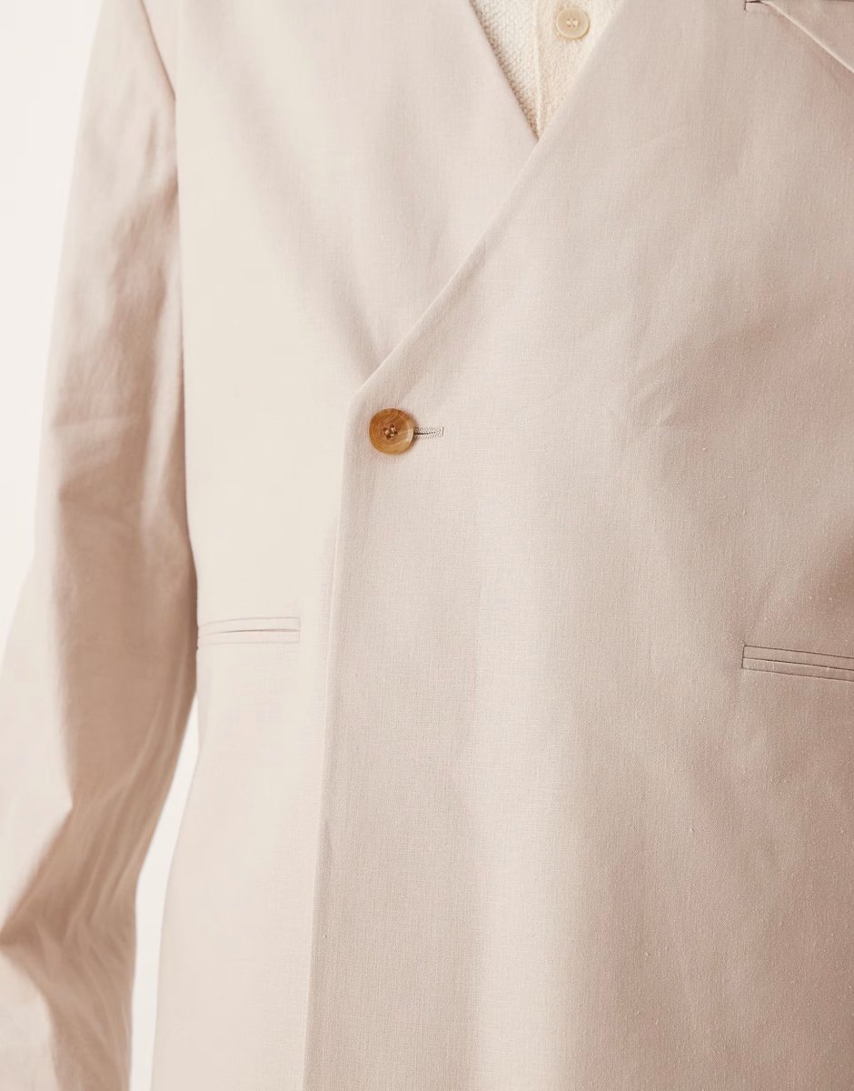 ASOS ASOS DESIGN collarless boxy suit jacket with linen in stone - 4