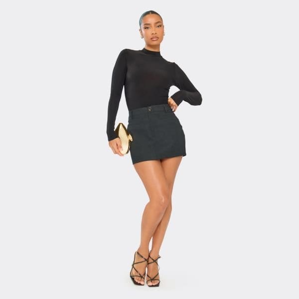 EGO Mid Rise Button Fasten Mini Skirt In Black Woven, Women's Size UK 6 - 1