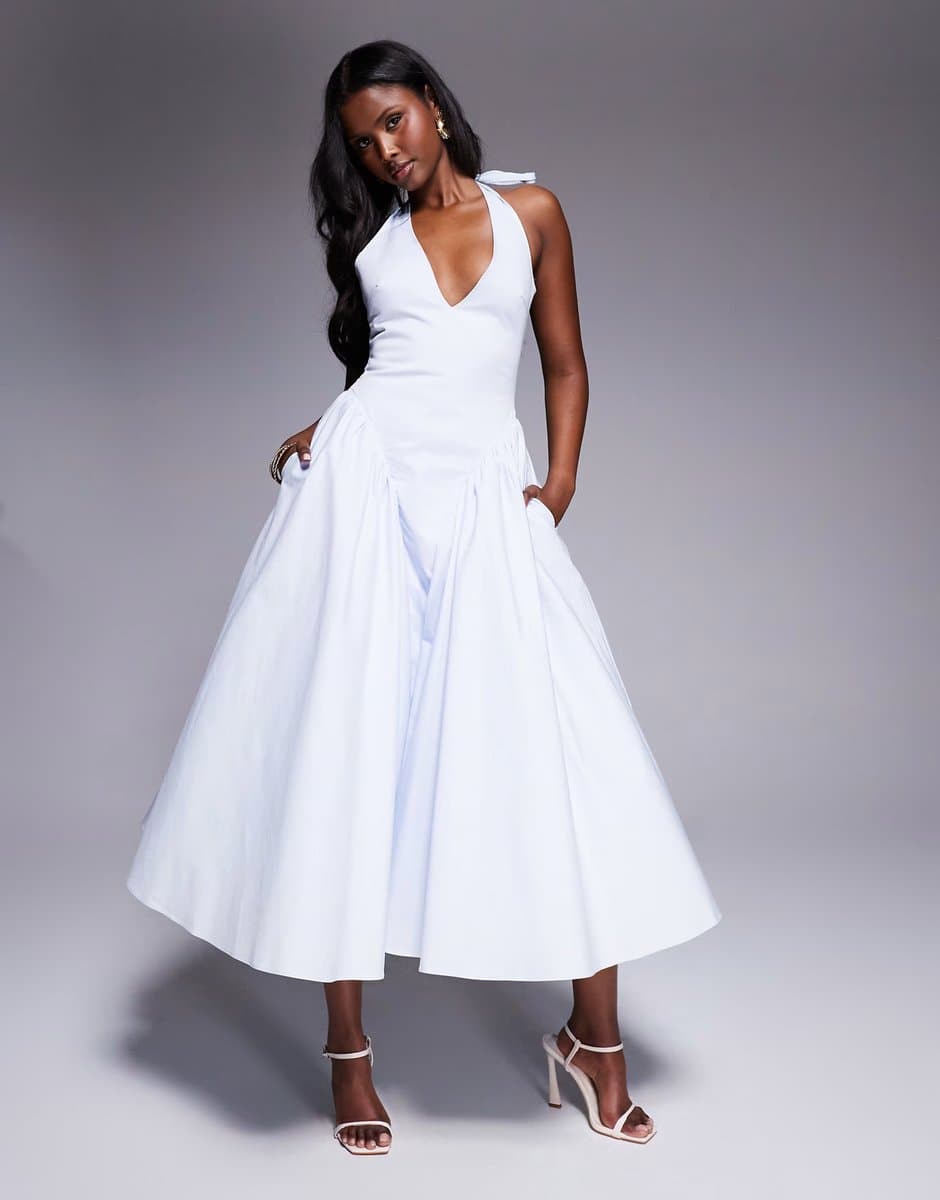 ASOS House of CB Marilyn cotton twill halter midi sundress in soft blue