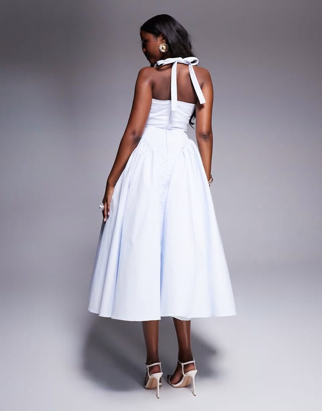 ASOS House of CB Marilyn cotton twill halter midi sundress in soft blue - 3