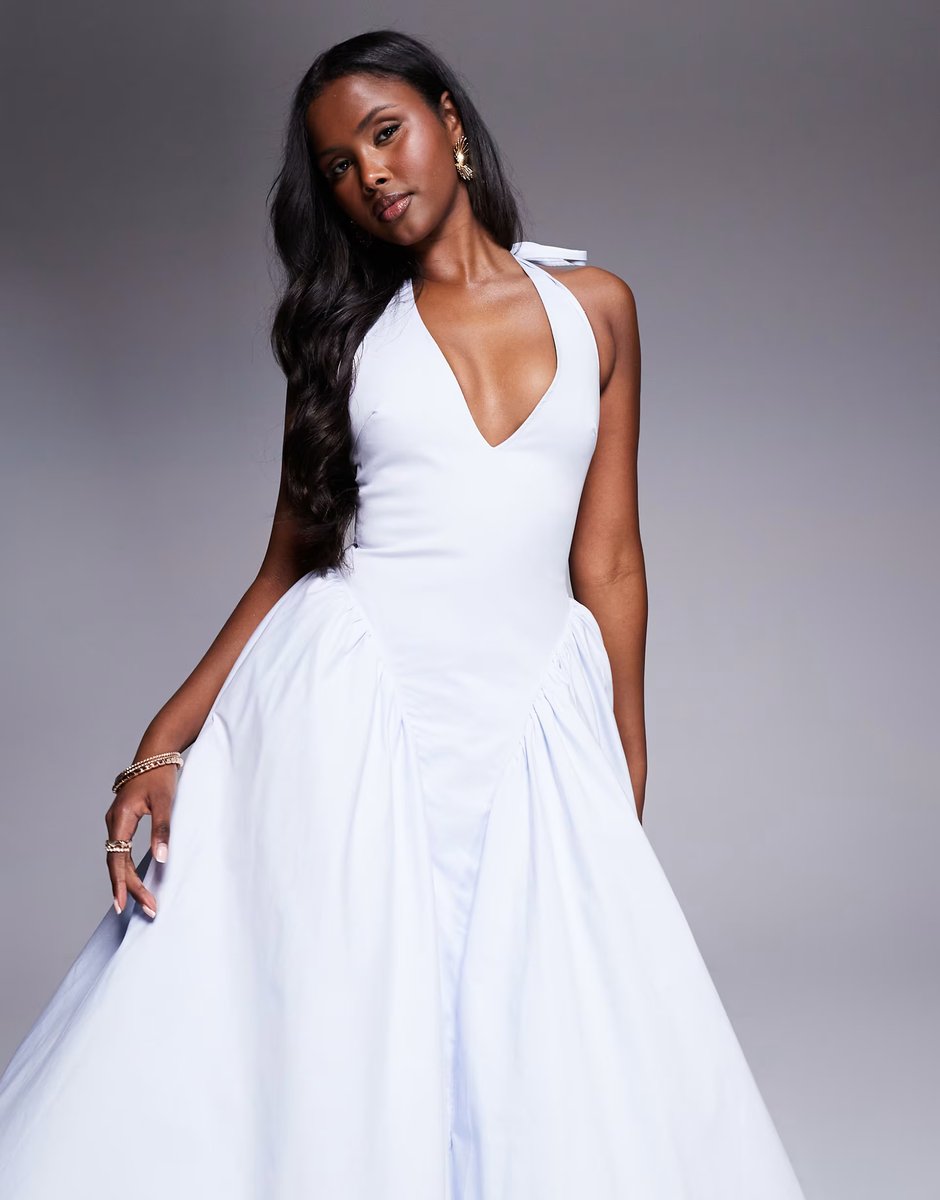 ASOS House of CB Marilyn cotton twill halter midi sundress in soft blue - 4