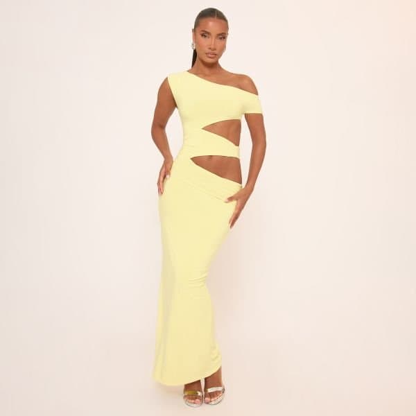 EGO Asymmetric One Shoulder Cut Out Maxi Dress In Yellow Slinky, Women's Size UK 16