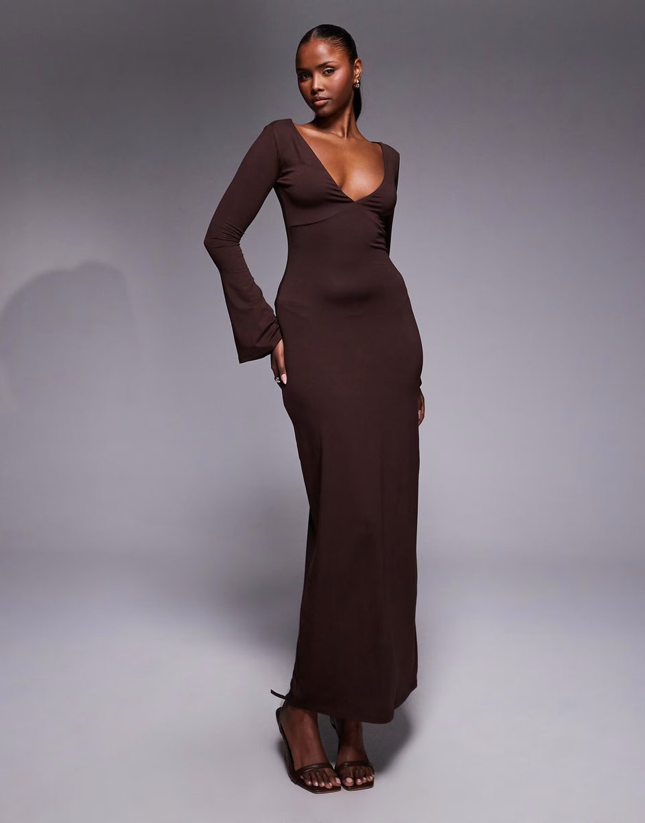 ASOS ASOS DESIGN long angel sleeve shoulder grazer maxi dress in chocolate - 1