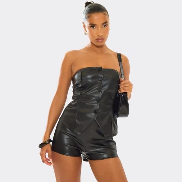 EGO Bandeau Button Up Front Fitted Top In Black Faux Leather, Women's Size UK 6