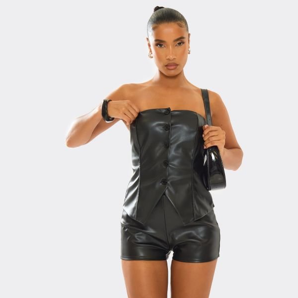 EGO Bandeau Button Up Front Fitted Top In Black Faux Leather, Women's Size UK 6 - 2