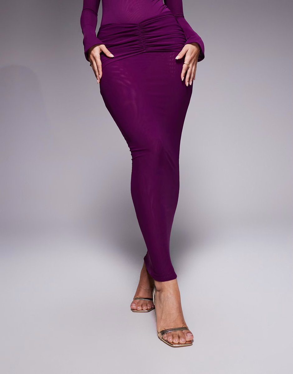 ASOS Ruched & Ready mesh ruched drape detail bodycon maxi skirt co-ord in plum - 2