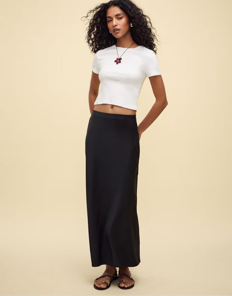 ASOS Stradivarius Satin midi skirt in black