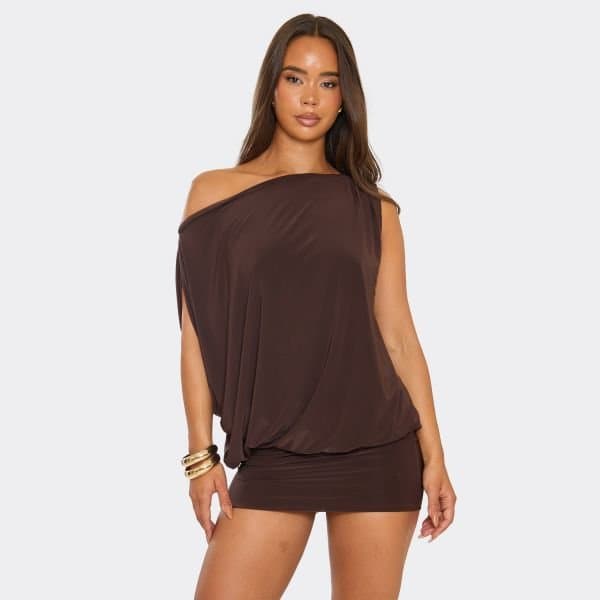 EGO Off The Shoulder Draped Asymmetric Mini Dress In Chocolate Brown, Women's Size UK 4
