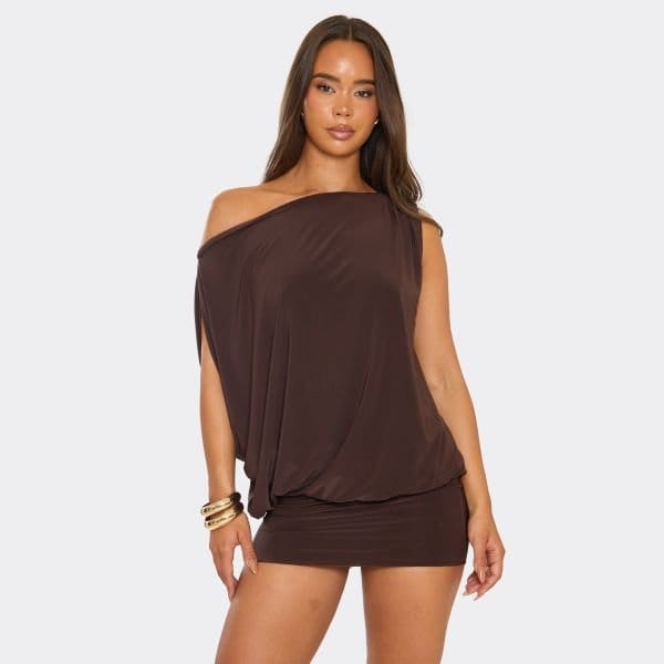 EGO Off The Shoulder Draped Asymmetric Mini Dress In Chocolate Brown, Women's Size UK 4 - 1