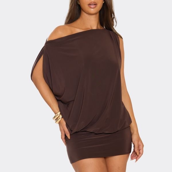EGO Off The Shoulder Draped Asymmetric Mini Dress In Chocolate Brown, Women's Size UK 4 - 2