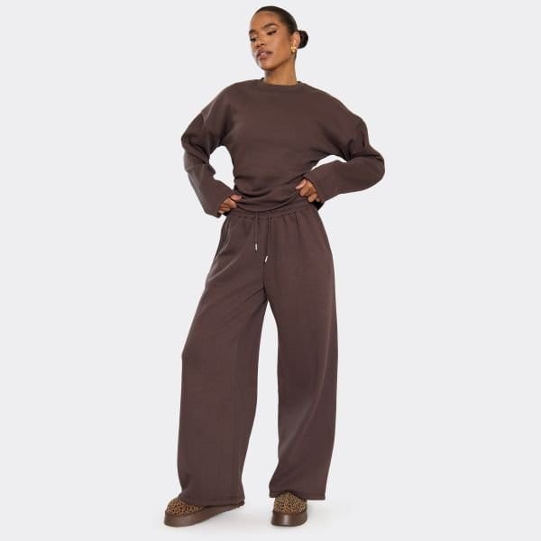 EGO Mid Rise Drawstring Wide Leg Joggers In Chocolate Brown, Women's Size UK 6 - 1
