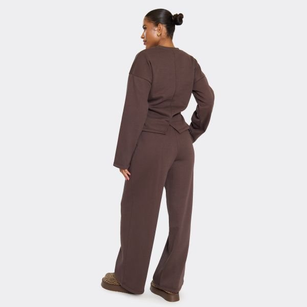 EGO Mid Rise Drawstring Wide Leg Joggers In Chocolate Brown, Women's Size UK 6 - 2