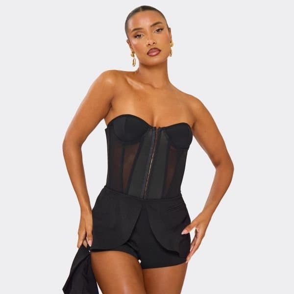 EGO Bandeau Mesh Panelled Corset Top In Black, Women's Size UK 6