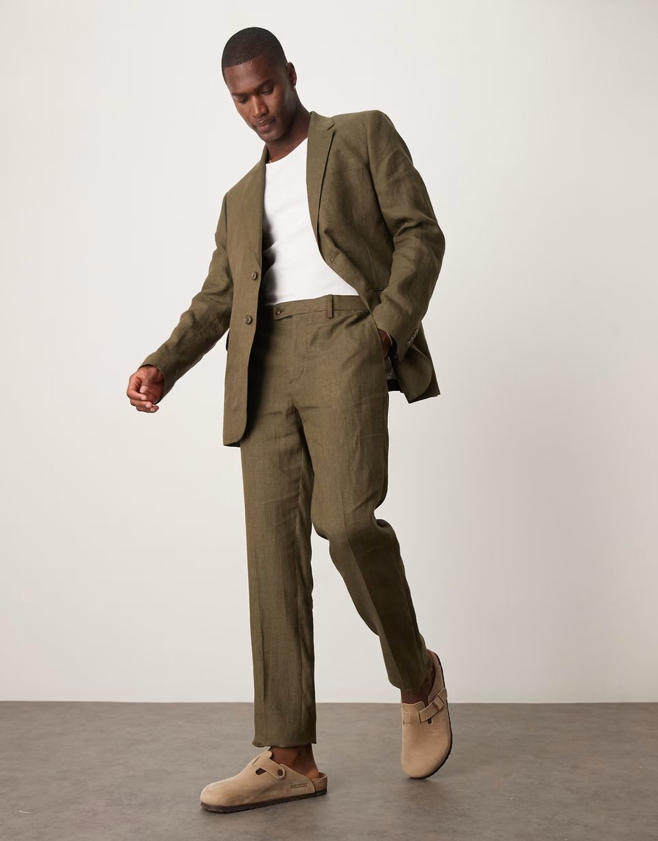 ASOS Mango slim fit linen suit co-ord in khaki - 2