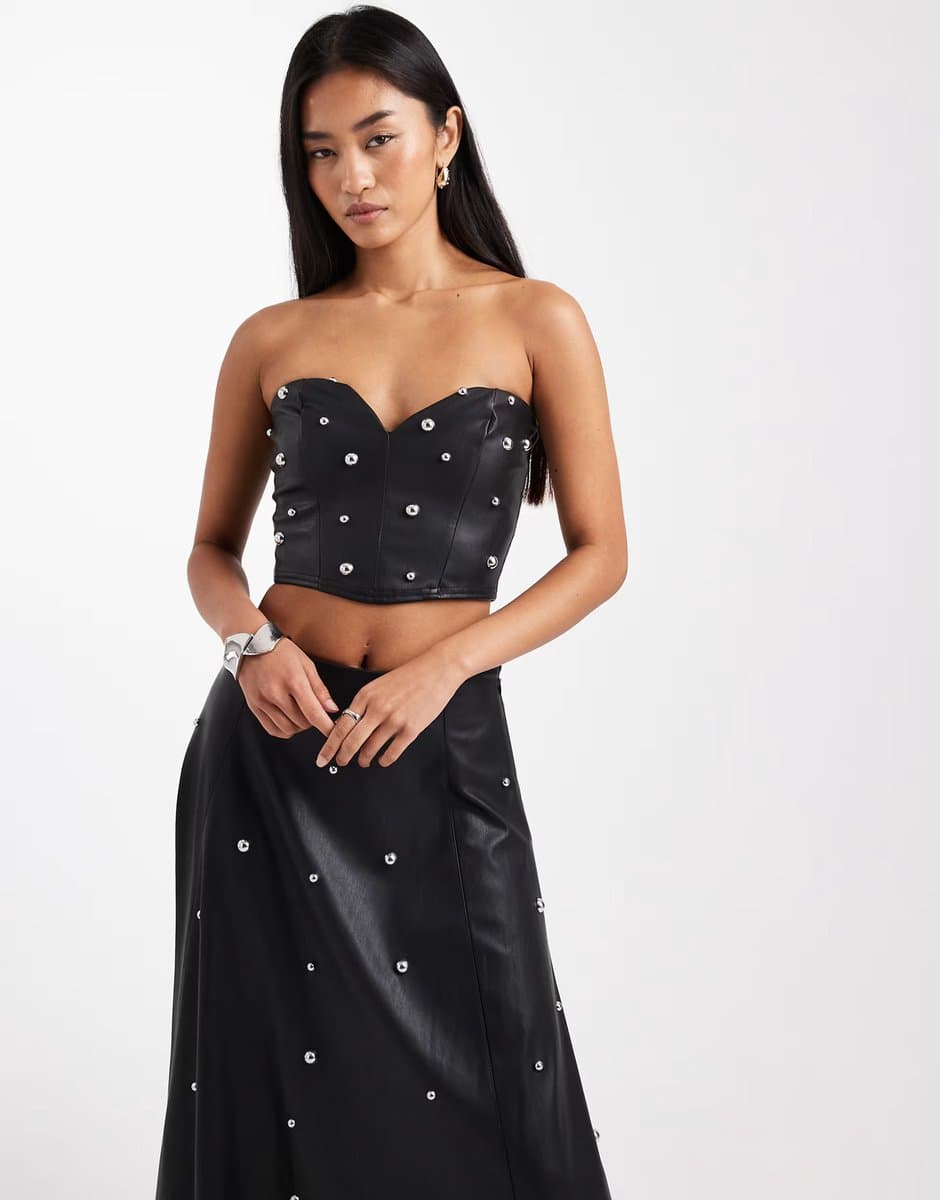 ASOS Miss Selfridge faux leather studded corset top in black