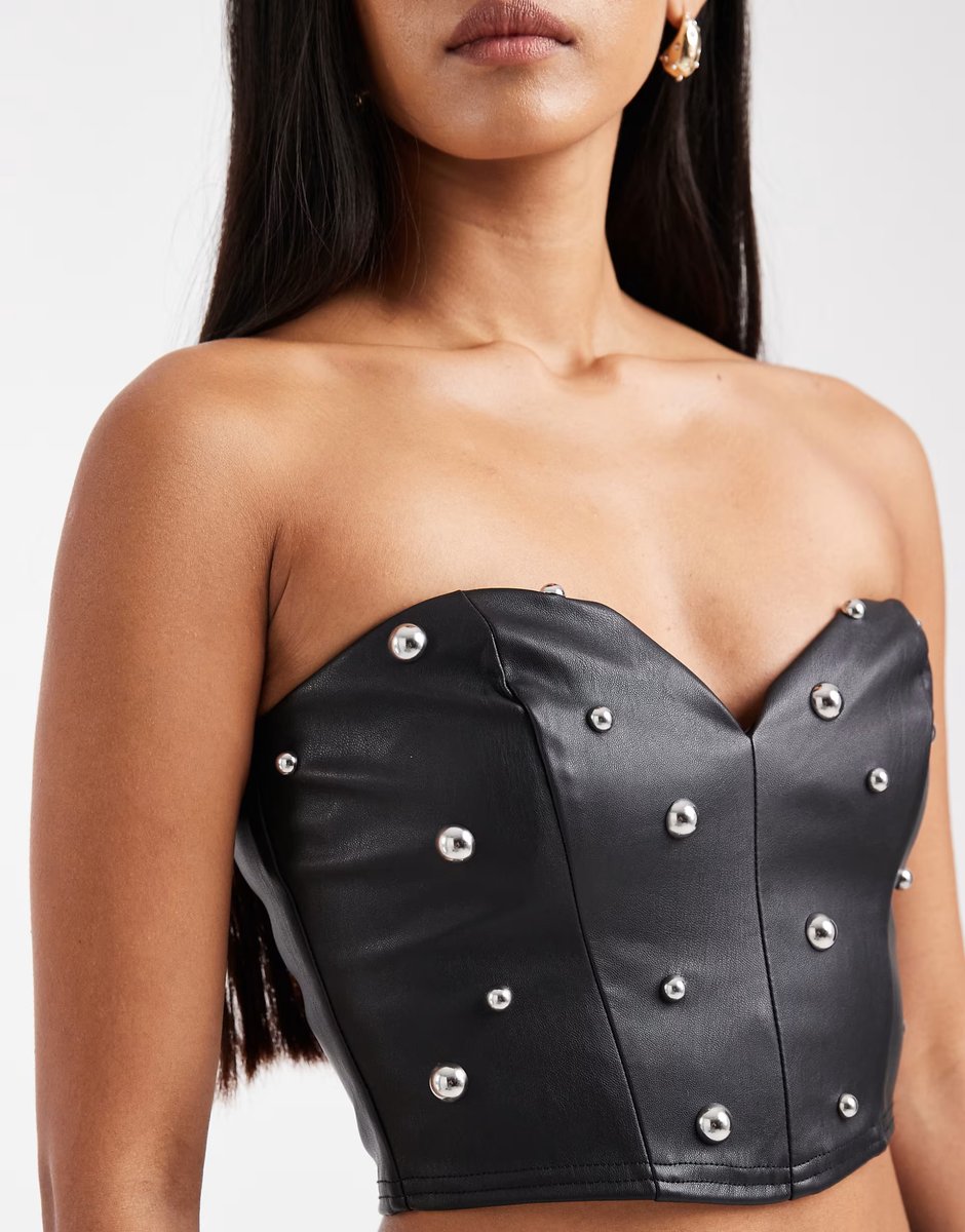 ASOS Miss Selfridge faux leather studded corset top in black - 2
