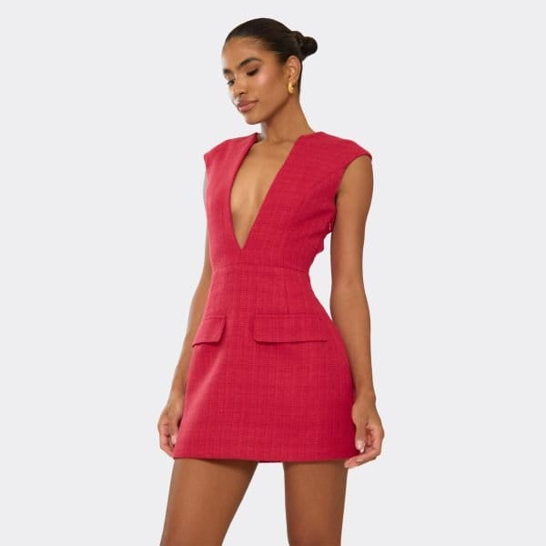 EGO Sleeveless Plunge Front Pocket Detail Mini Dress In Red, Women's Size UK 6 - 1