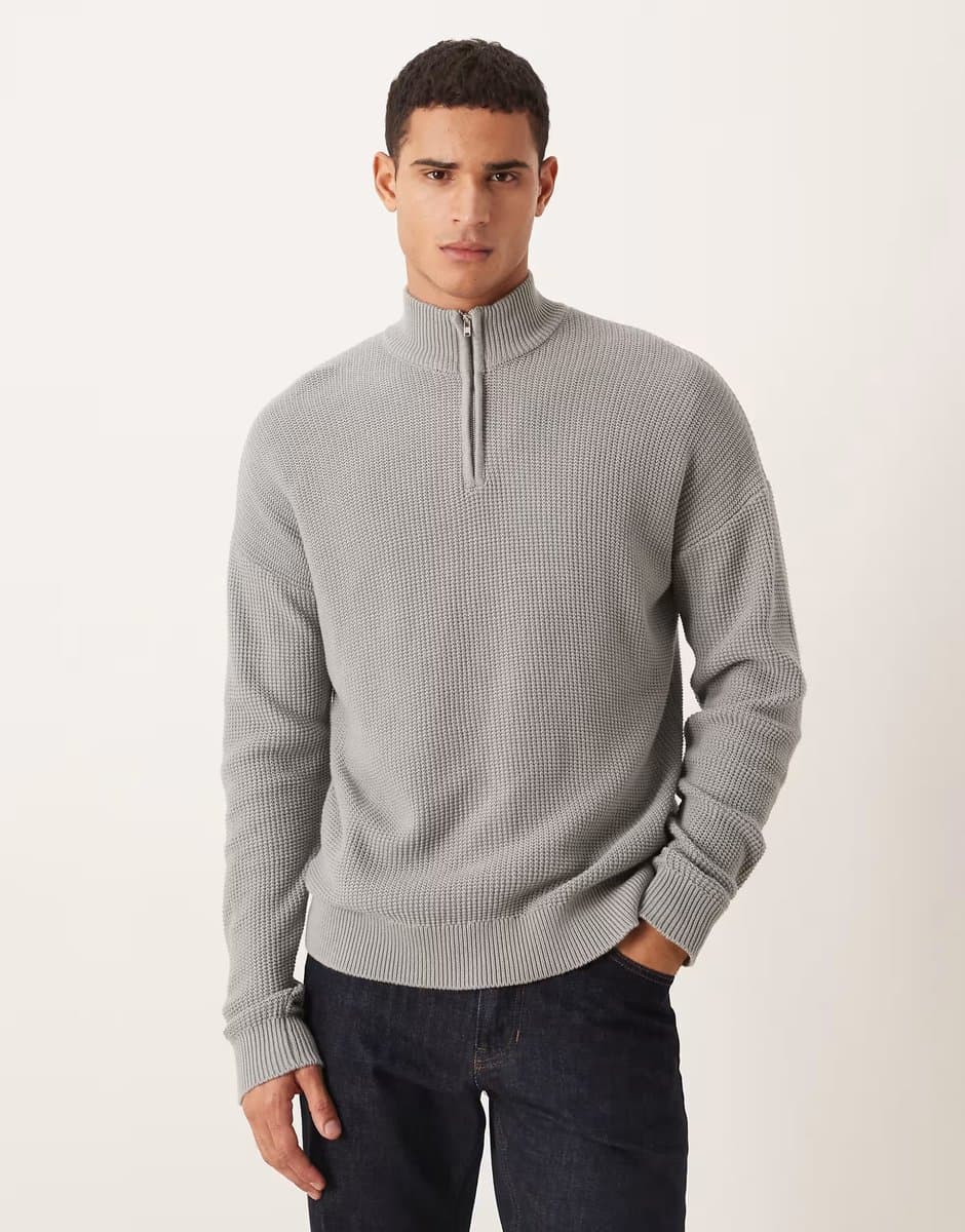 ASOS ASOS DESIGN relaxed knitted pique funnel neck jumper in light grey