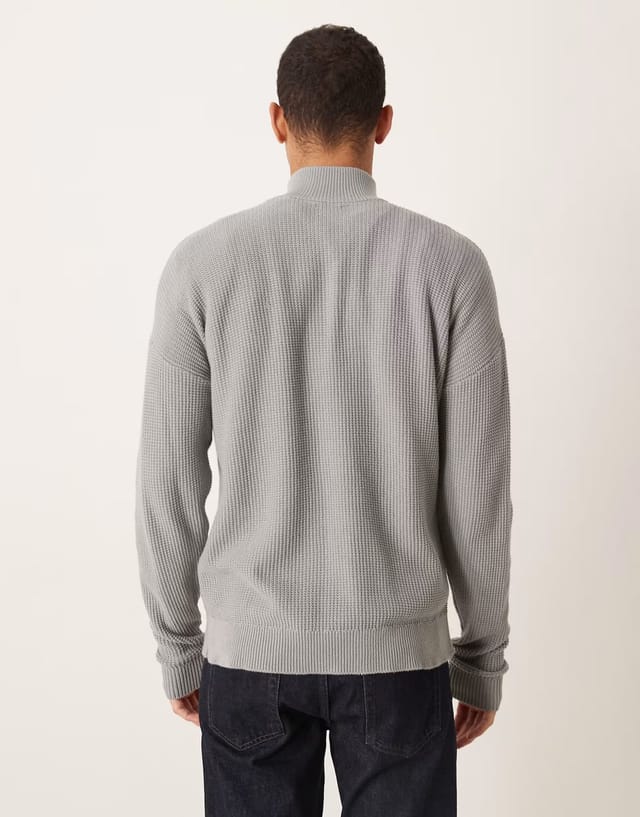 ASOS ASOS DESIGN relaxed knitted pique funnel neck jumper in light grey - 3