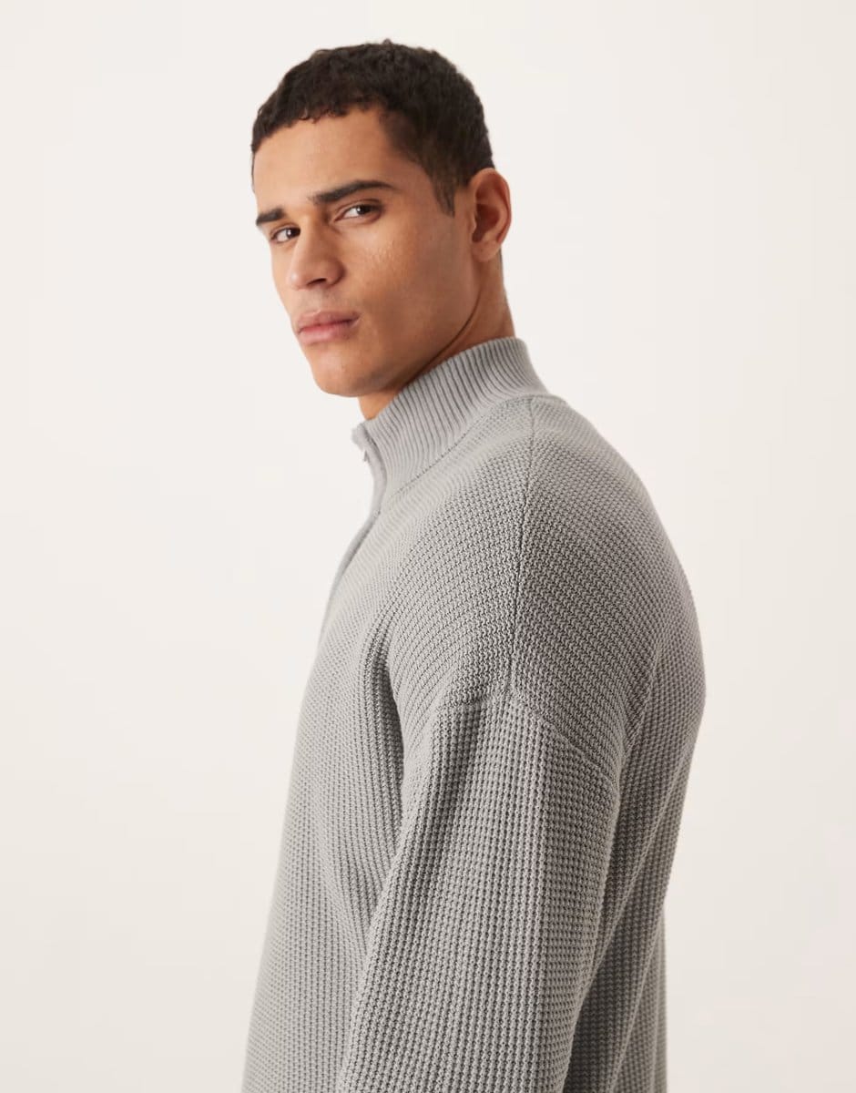 ASOS ASOS DESIGN relaxed knitted pique funnel neck jumper in light grey - 4