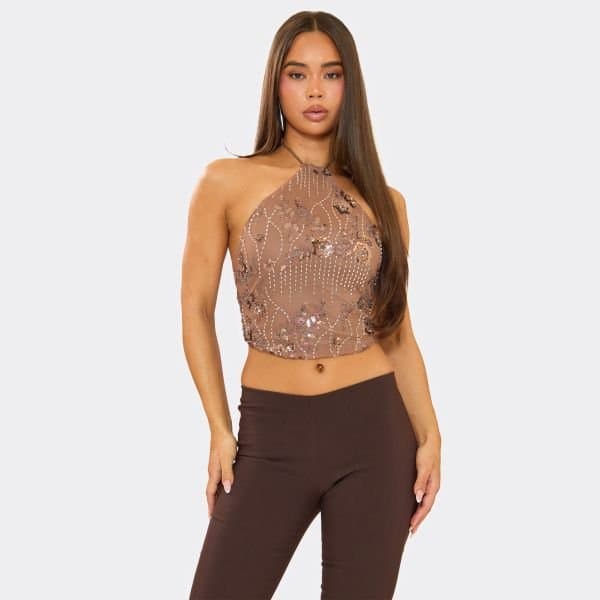 EGO Halterneck Floral Embellished Top In Brown Sequin, Women's Size UK 6