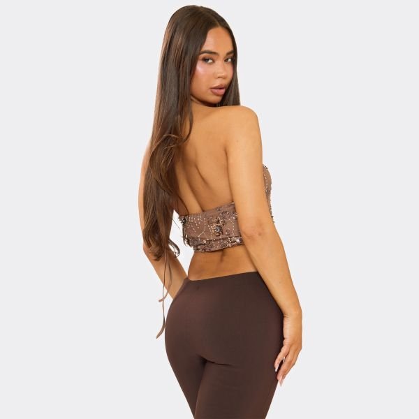 EGO Halterneck Floral Embellished Top In Brown Sequin, Women's Size UK 6 - 2