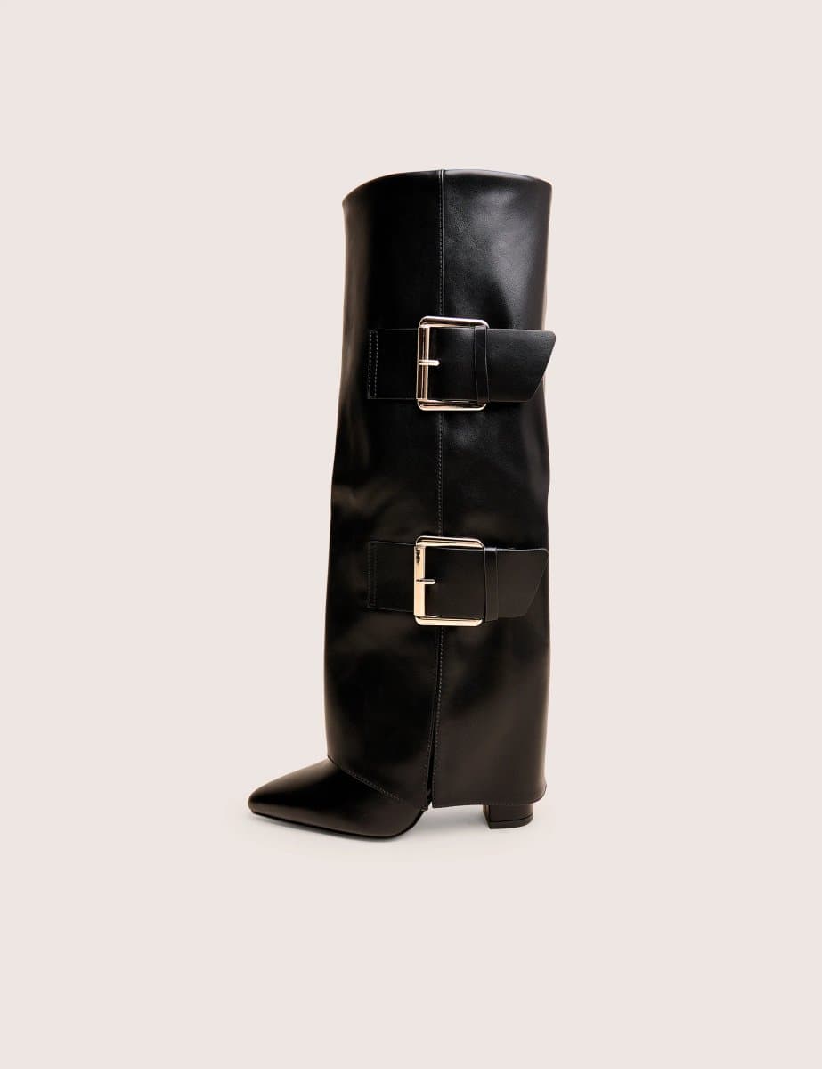 Public Desire River Black Double Buckle Detail Pu High Knee Boots