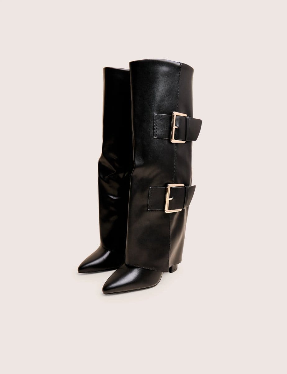 Public Desire River Black Double Buckle Detail Pu High Knee Boots - 4
