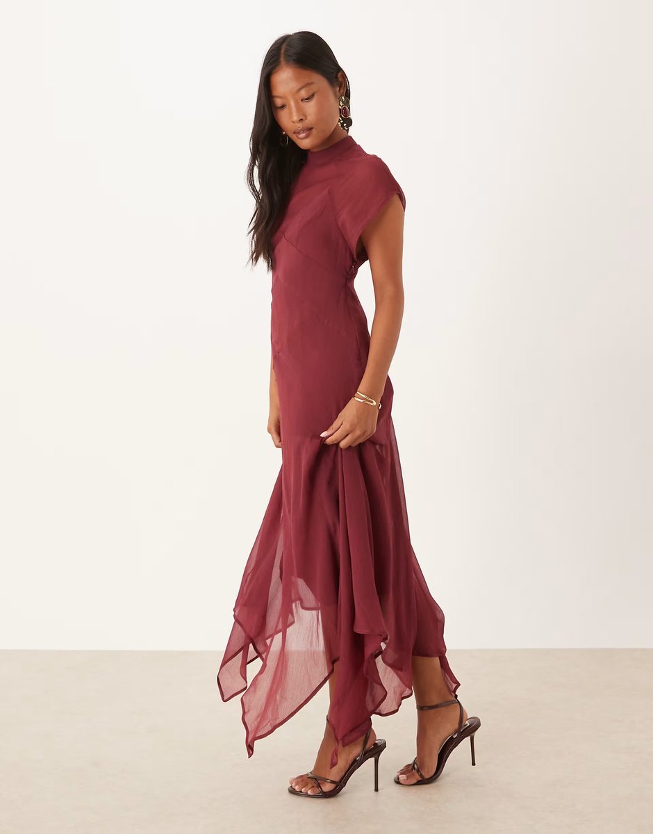 ASOS ASOS DESIGN Petite high neck hanky hem chiffon maxi dress in cherry - 3