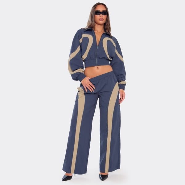 EGO Mid Rise Contrast Panel Track Pants In Navy Shell, Women's Size UK 6 - 1