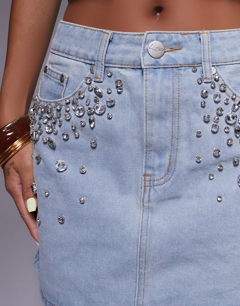 ASOS Liquor N Poker denim mini skirt co-ord with diamante in light wash blue - 2