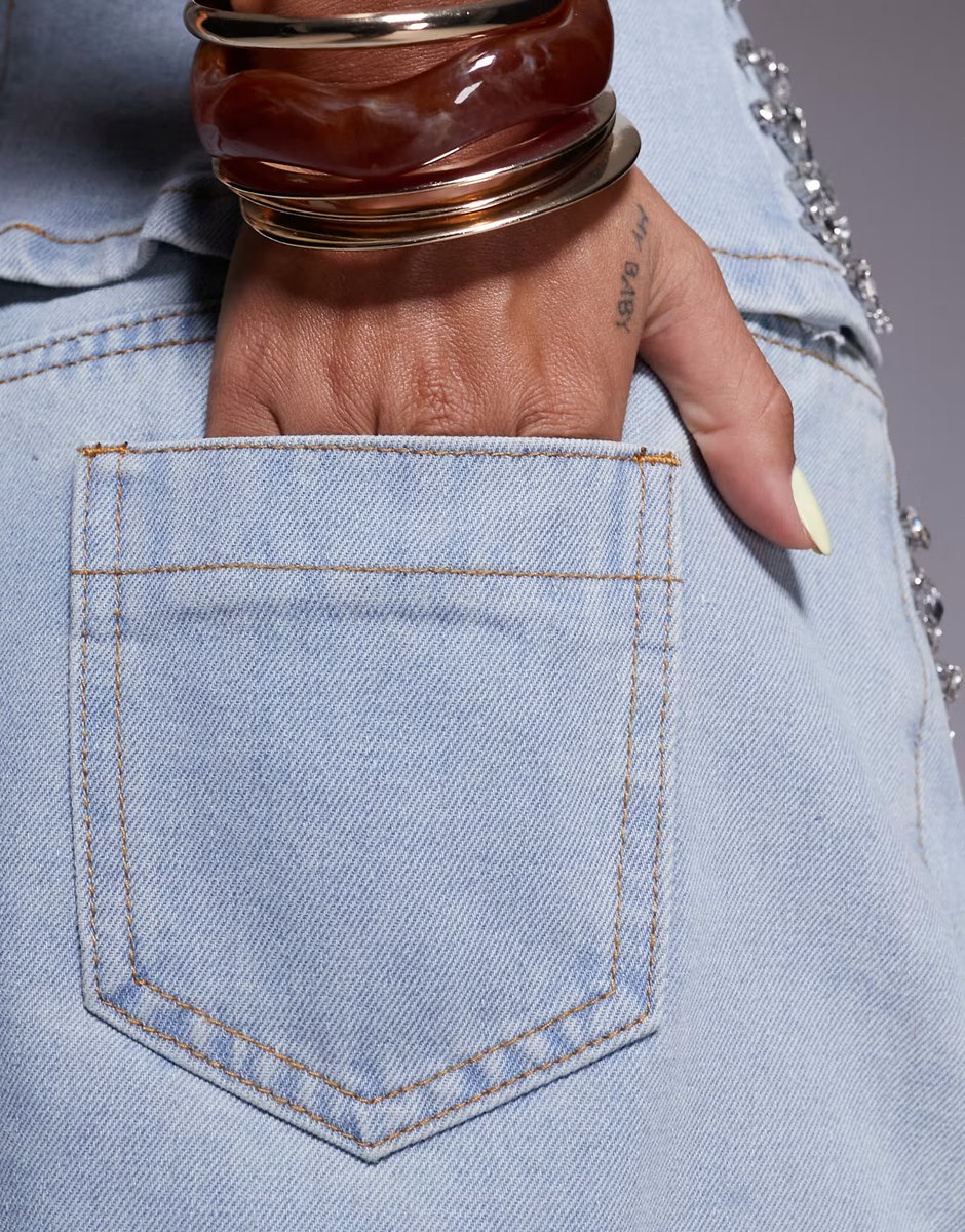 ASOS Liquor N Poker denim mini skirt co-ord with diamante in light wash blue - 4