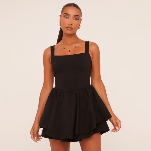 EGO Square Neck Tiered Puffball Mini Dress In Black, Women's Size UK 4 - 1