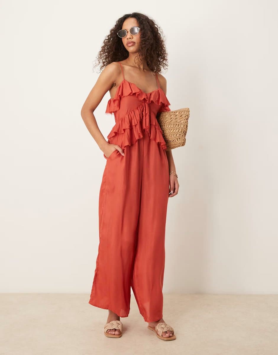 ASOS ASOS DESIGN ruffle micro bust viscose jumpsuit with shirred back in rust