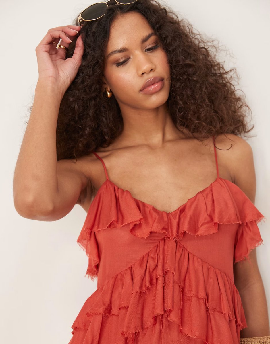 ASOS ASOS DESIGN ruffle micro bust viscose jumpsuit with shirred back in rust - 3