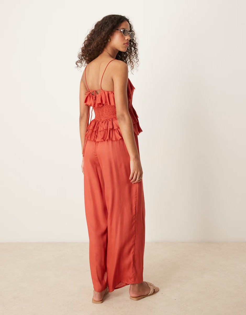 ASOS ASOS DESIGN ruffle micro bust viscose jumpsuit with shirred back in rust - 4