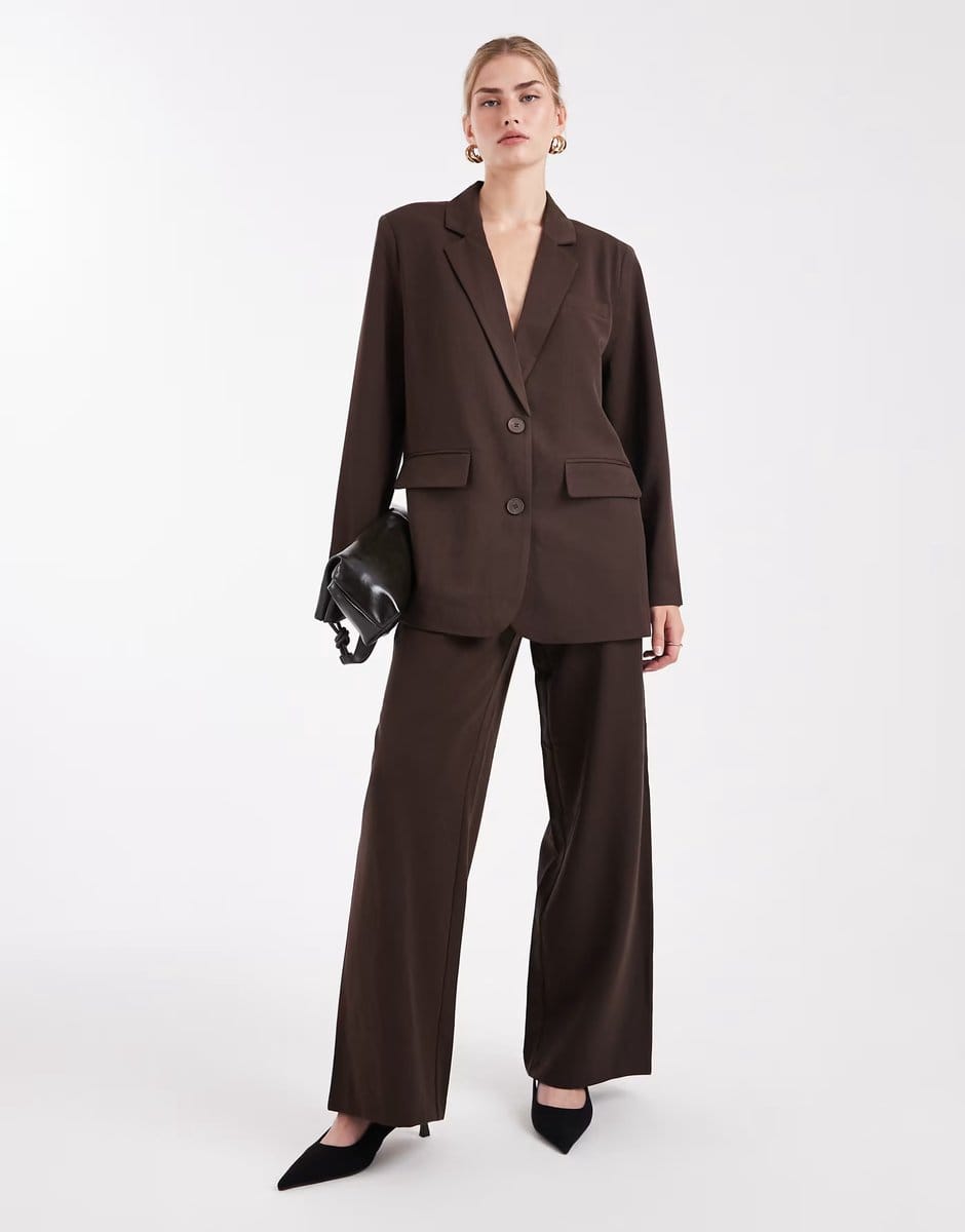 ASOS Pieces wide leg dad trousers with belt loops co-ord in chocolate brown - 1
