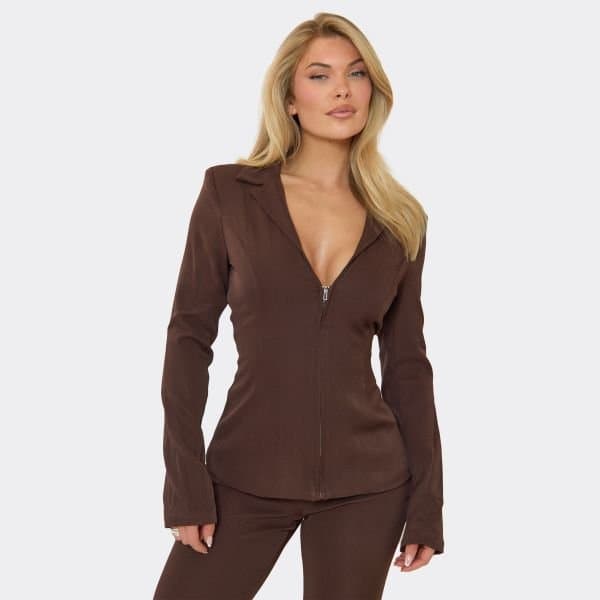 EGO Long Sleeve Zip Front Cinched Fitted Blazer In Chocolate Brown, Women's Size UK 6