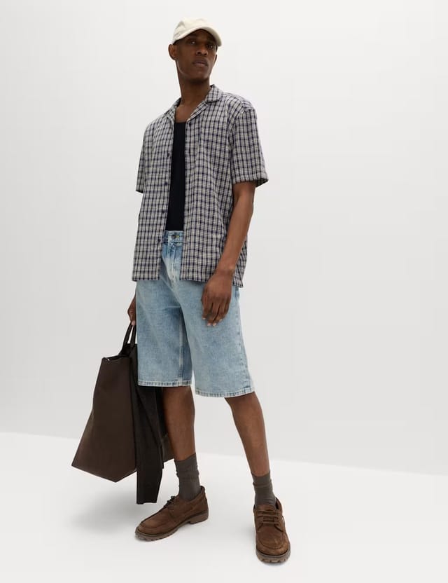 Marks & Spencer M&S Pure Cotton Checked Shirt Navy Mix - 2
